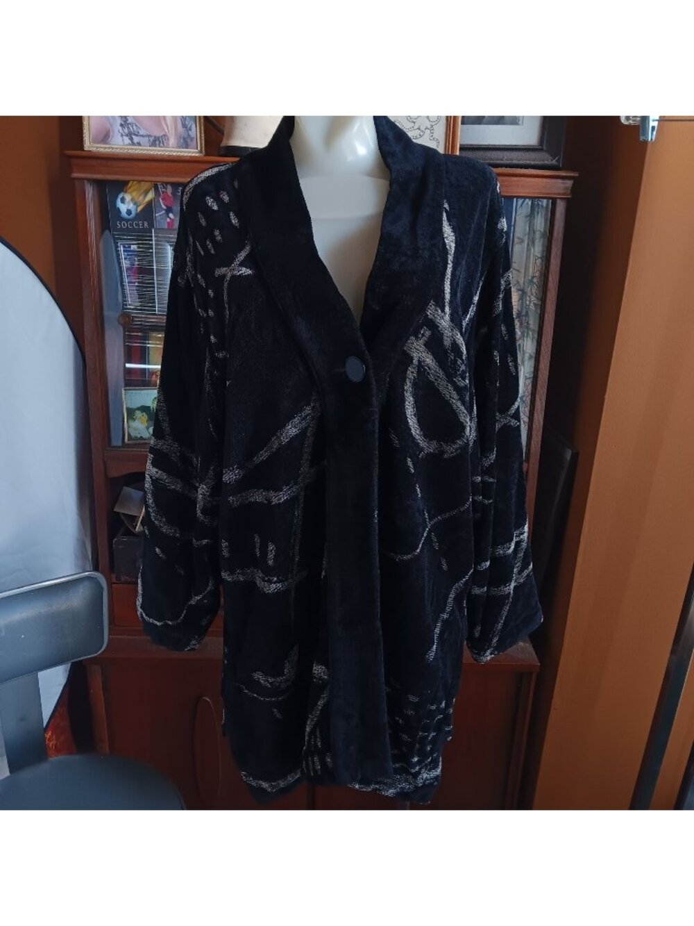Maude Andrade Vintage Women's Large Jacket Black & White Abstract Woven Art